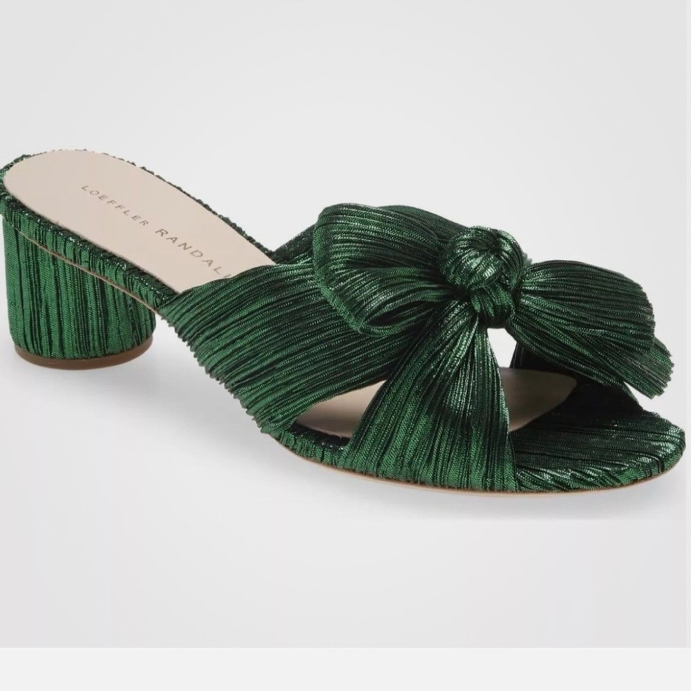 LOEFFLER RANDALL Emilia Pleated Bow Heel Sandal In Emerald, size 7